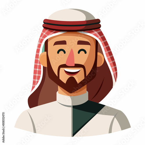 An Arabic Saudi man, exuding vintage charm, stands confidently in traditional Muslim attire. His beard adds to his distinguished appearance, symbolizing maturity and wisdom. With a subtle wink.