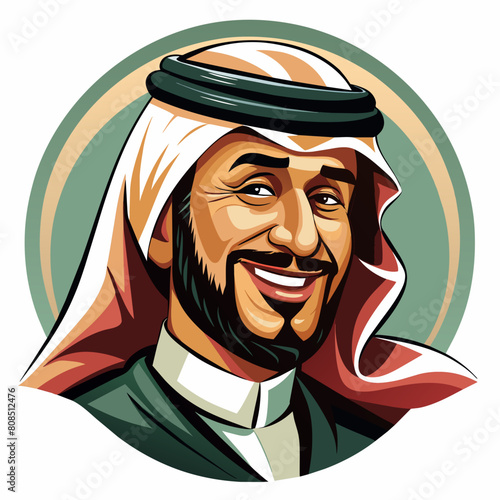 An Arabic Saudi man, exuding vintage charm, stands confidently in traditional Muslim attire. His beard adds to his distinguished appearance, symbolizing maturity and wisdom. With a subtle wink.