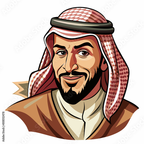 An Arabic Saudi man, exuding vintage charm, stands confidently in traditional Muslim attire. His beard adds to his distinguished appearance, symbolizing maturity and wisdom. With a subtle wink.