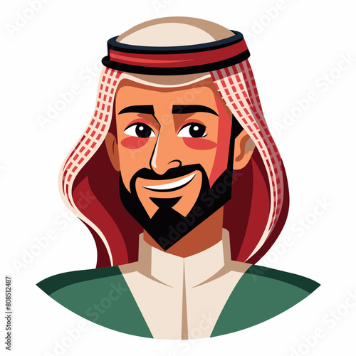 An Arabic Saudi man, exuding vintage charm, stands confidently in traditional Muslim attire. His beard adds to his distinguished appearance, symbolizing maturity and wisdom. With a subtle wink.