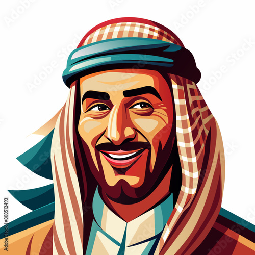 An Arabic Saudi man, exuding vintage charm, stands confidently in traditional Muslim attire. His beard adds to his distinguished appearance, symbolizing maturity and wisdom. With a subtle wink.