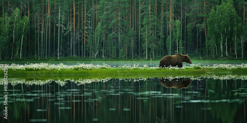 a bear walking along the edge of an open forest lake in Finland  with its reflection visible on the calm waters and white flowers growing around it
