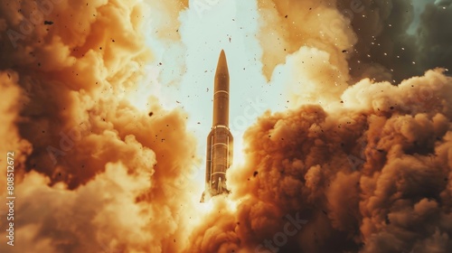 Focused shot of a missile just as it launches, flames and smoke detailing its raw power, an iconic representation of advanced military technology