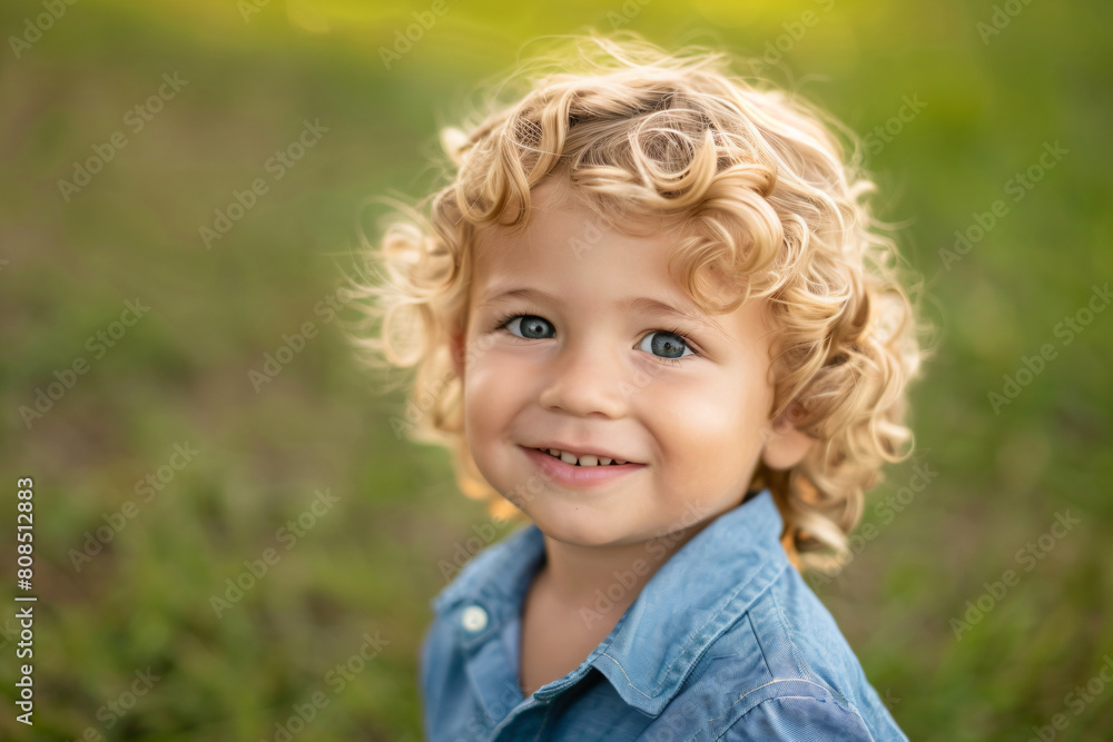 a young boy with curly hair smiling at the camera a young boy with curly hair smiling at the camera