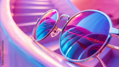 Fashion-forward close-up of mirrored sunglasses with a swirling, colorful staircase reflected in the lenses