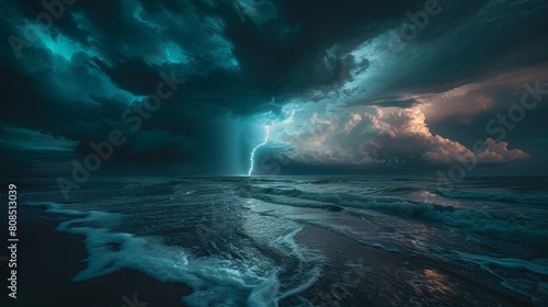 Coastline storm scene with lightning streaks across a deeply clouded sky