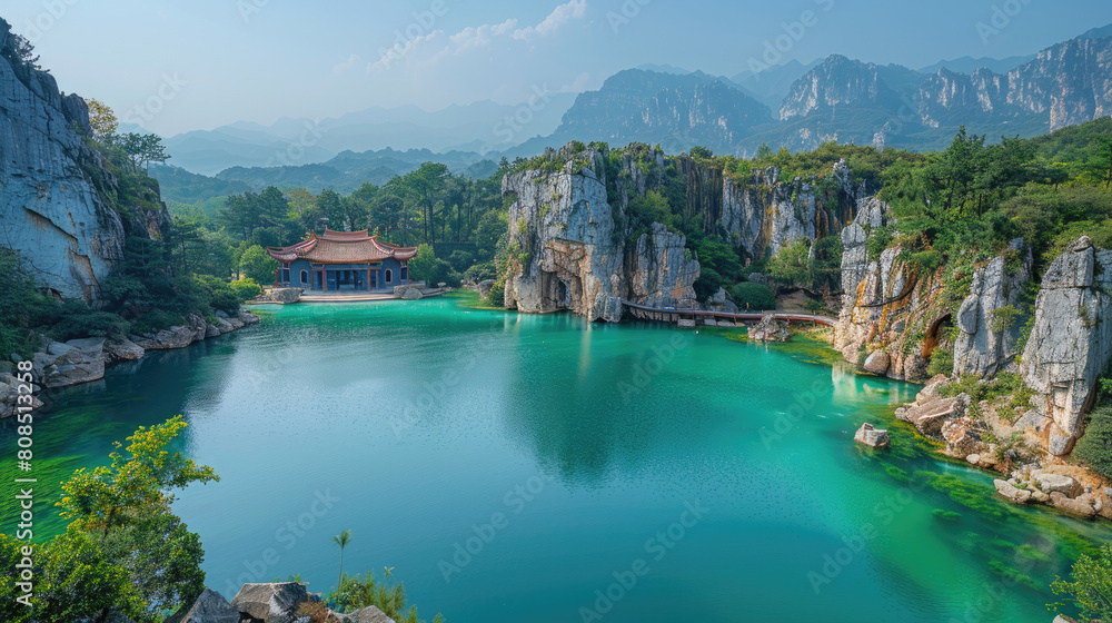  The sunrise over Lijiang Shilin stone forest is picturesque, with the jade green waters of Dabie Lake at its center.  Created with Ai
