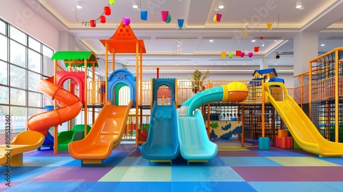 Vibrant Indoor Playground: Colorful Play Area with Slides, Toys, and Equipment in School Setting © Nazia