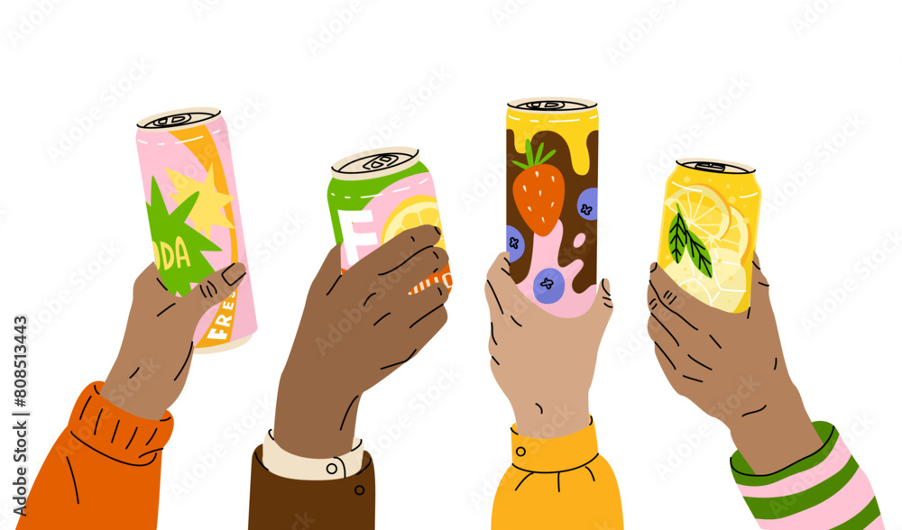 Fototapeta premium Hands hold cans of soda and juices. Party with energy refreshing drinks. Bright packaging for summer products. Vector illustration isolated on transparent background.