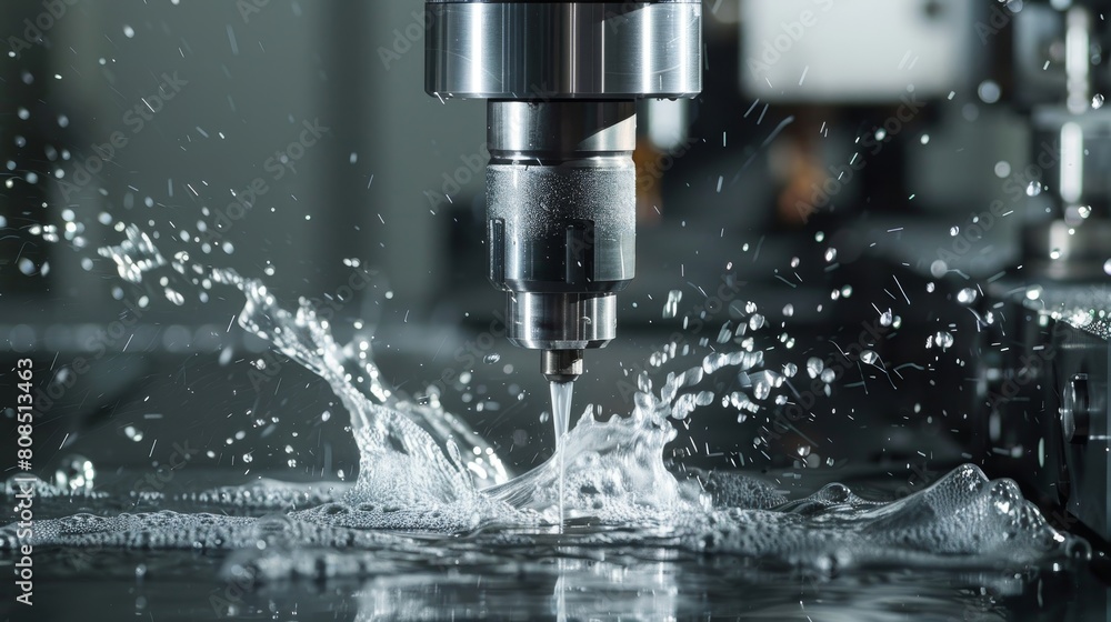 Detail of CNC machine tool cutting stainless steel with coolant spray Detail of CNC machine tool cutting stainless steel with coolant spray