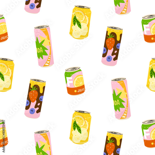 Endless pattern with cans of soda and sweet drinks. Bright packaging for summer products. Pattern for textiles and wrapping paper. Vector illustration isolated on transparent background.