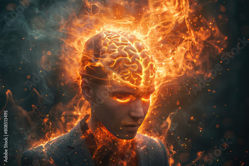  A human head made of fire, surrounded by smoke and flames, creating an intense visual effect. Created with Ai