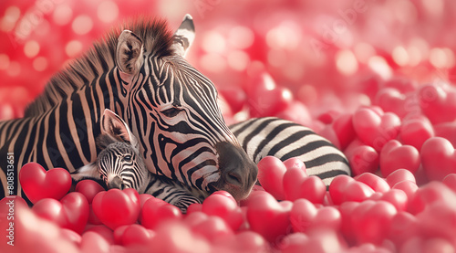 mother day A mother zebra and her baby surrounded by red heart-shaped balls