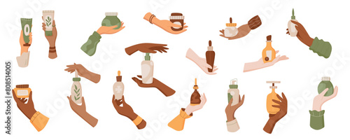 Isolated hands holds cosmetic skincare bottle collection, flat antiaging hair care pack, eco moisturizing beauty product jar, trendy skin care lotion tube vector illustration.