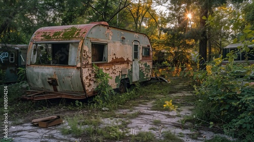Dramatic lighting on a vintage trailer and camper sitting forlorn in a junkyard, surrounded by urban sprawl and wild greenery
