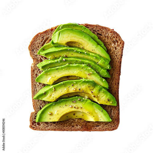 A slice of bread topped with avocado slices isolated on transparent or white background, png