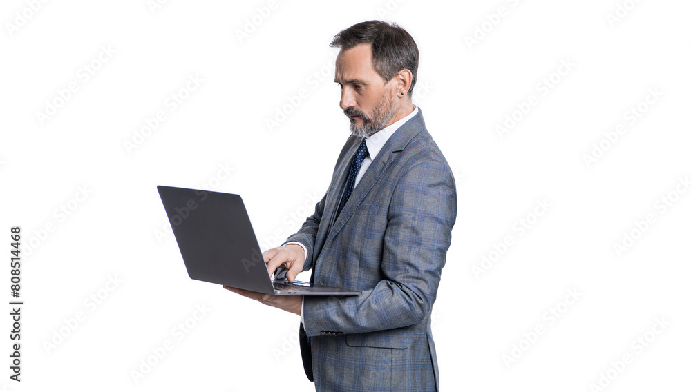 Remote online working. Business blog success. Businessman using laptop isolated on white. Freelancer working online. Man has online blog. Businessman in suit with laptop in office Remote online working. Business blog success. Businessman using laptop isolated on white. Freelancer working online. Man has online blog. Businessman in suit with laptop in office