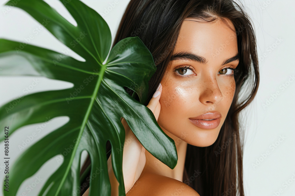 a woman holding a large green leaf over her face a woman holding a large green leaf over her face