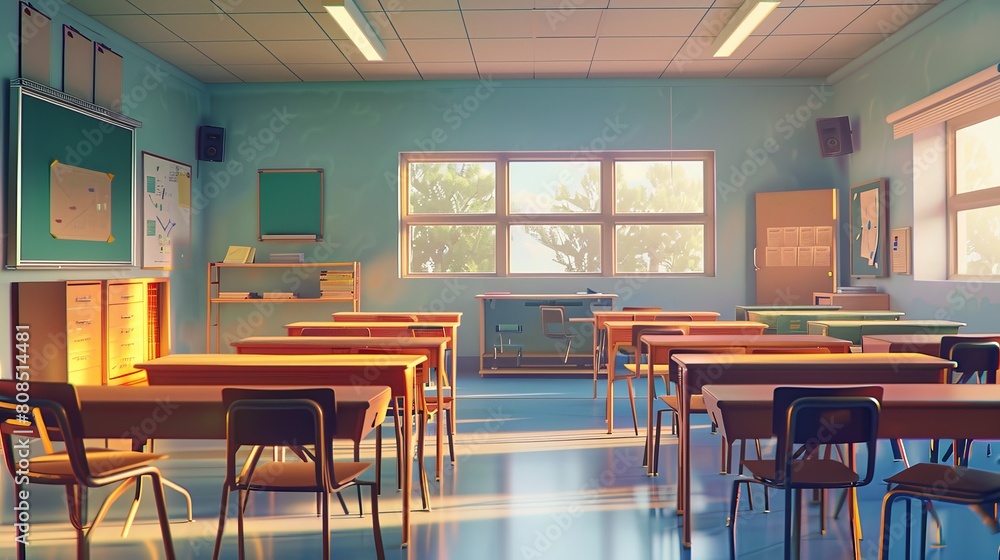 Vibrant AI-Generated Animation: High School Classroom Scene with Chairs and Tables - Educational Concept