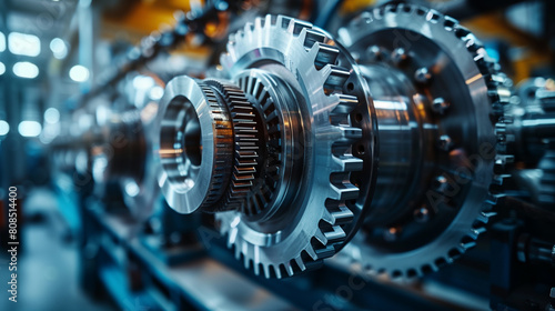 Large industrial gears inside a large machining shop. 