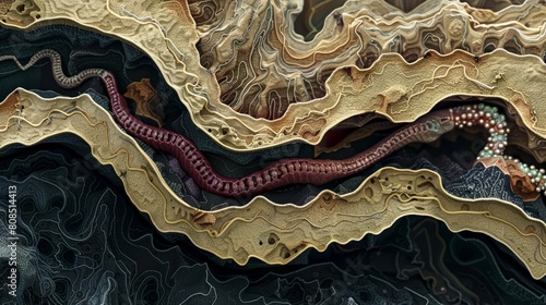 Detailed scientific cutaway illustration of a soil nematode  showcasing its complex anatomy in a rugged exterior  raw style 