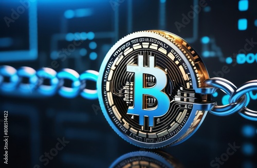 Large bitcoin icon is the center of a bitcoin network. Dark blue background with graphs. Concept of cryptocurrency, Blockchain Technology Integration photo