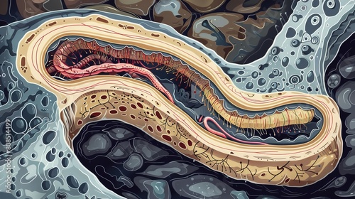 Detailed raw style illustration of a soil nematode, scientific cutaway view showing complex internal structures,