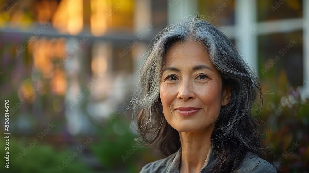 Attractive middle-aged Asian woman with a smile. Generative Ai