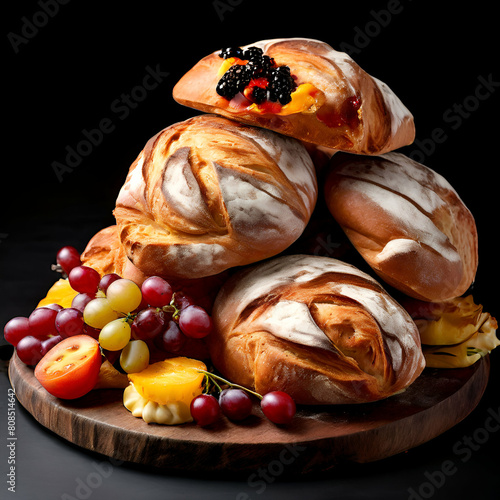 ,bread food viennoiserie arrangement,healthy,grapes tomato plet brown color, generate ai  photo