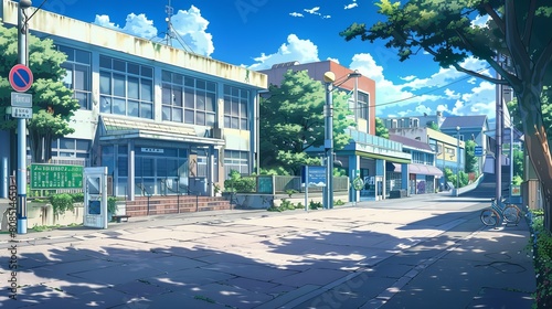 Charming Anime School Building Alongside Sunny Sidewalk - Vibrant Illustration