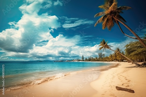 Beautiful stunning beach summer concept with chair white sand and blue skies © AI Farm
