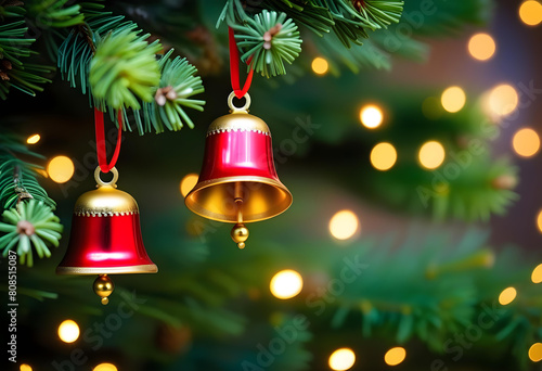 A Christmas tree with golden bells hanging from its branches