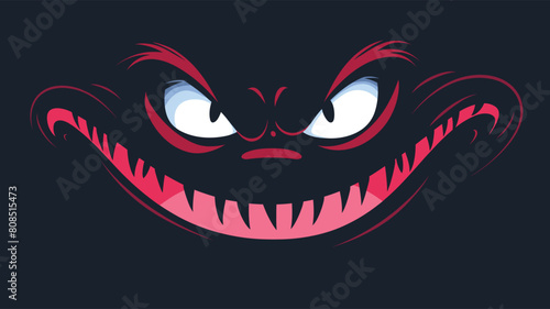 Sinister cartoon creature grinning malevolently against dark background. Menacing eyes sharp teeth suggesting predatory nature, villainous character. Eerie smile fictional beast, likely villain