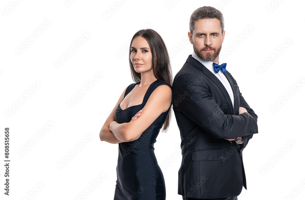 Elegant couple isolated on white. Romantic couple spending time together. Two of man and woman on valentines day. Lovely couple dating. Woman in dress and man in suit with bowtie. Copy space Elegant couple isolated on white. Romantic couple spending time together. Two of man and woman on valentines day. Lovely couple dating. Woman in dress and man in suit with bowtie. Copy space