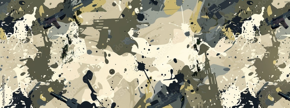 A camouflage pattern with an olive green and beige color scheme, incorporating various shapes of military equipment such as guns, soldiers' pieces. A camouflage pattern with an olive green and beige color scheme, incorporating various shapes of military equipment such as guns, soldiers' pieces.