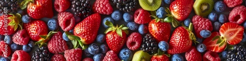 A variety of ripe strawberries  blueberries  and raspberries neatly arranged on a plate  showcasing a colorful mix of summer fruits  banner