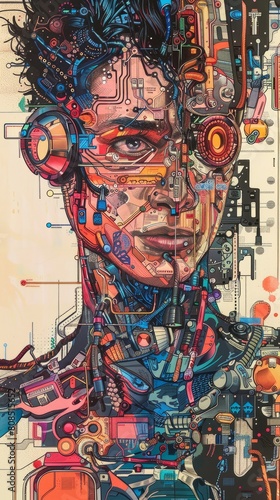 A detailed cyberpunk-style portrait highlighting a person with vivid cybernetic implants and enhancements