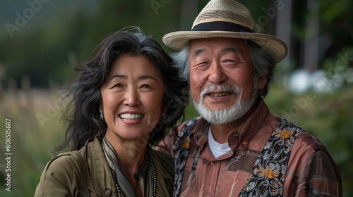 Asian mature senior couple posing with a happy smile. Generative Ai