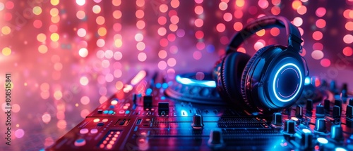 Nightlife and music scene with DJ equipment and glowing headphones