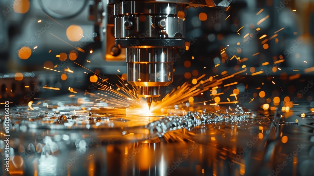 Precision CNC machining with sparks and coolant jet in operation