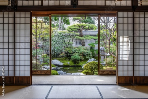 A serene Japanese garden viewed from the inside of an empty traditional house  with sliding paper doors open to reveal a tranquil outdoor  Generative AI