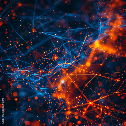 Neon indigo and fiery orange lines creating a mesmerizing display of digital communication points in an abstract space.