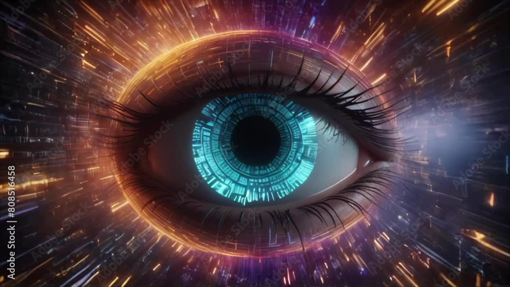 Eye with a digitally enhanced iris, surrounded by vibrant, flowing lines of light, symbolizing the fusion of human vision and advanced technology. Eye with a digitally enhanced iris, surrounded by vibrant, flowing lines of light, symbolizing the fusion of human vision and advanced technology.
