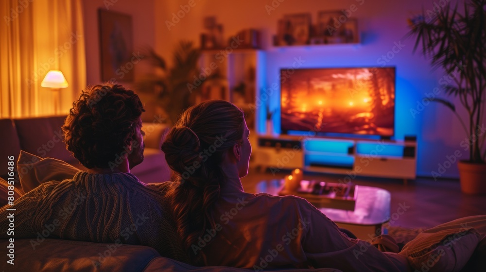 Couple Enjoying a Cozy Movie Night at Home with Ambient Lighting Couple Enjoying a Cozy Movie Night at Home with Ambient Lighting