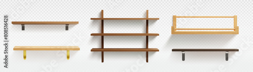 3D set of wooden shelves isolated on transparent background. Vector realistic illustration of blank decorative square frames  wall shelf  hanger with hooks  home furniture  interior design elements