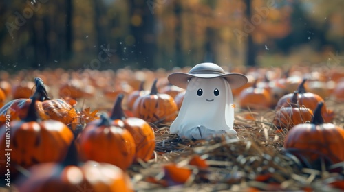 A ghost figurine sitting on a pile of leaves. Suitable for Halloween themes