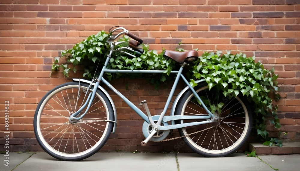 A vintage bicycle parked against a brick wall ador upscaled 3