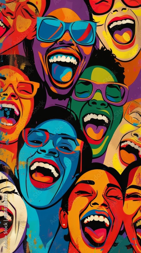 Pop Art painting showing a group of individuals laughing joyfully