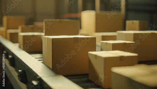 cardboard boxes on an industrial conveyor belt, representing the motion and movement associated with online shop shipping. © Kien