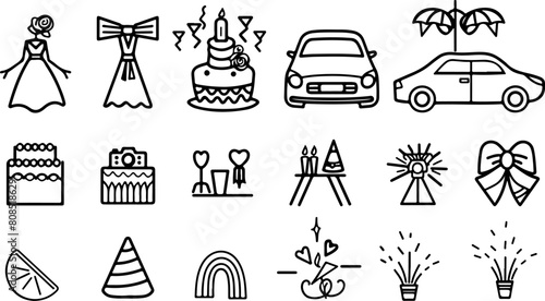 set of wedding icons, hand drawn doodle style vector illustration with white background